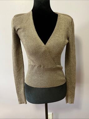 Pink Rose Metallic Gold Ribbed Wrap V-Neck Sweater